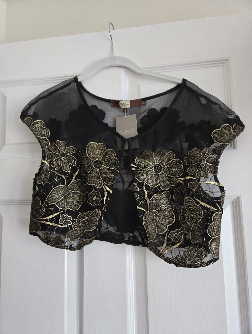 Eva Franco Delicate Black Sheer Bolero with Gold Floral Embroidery